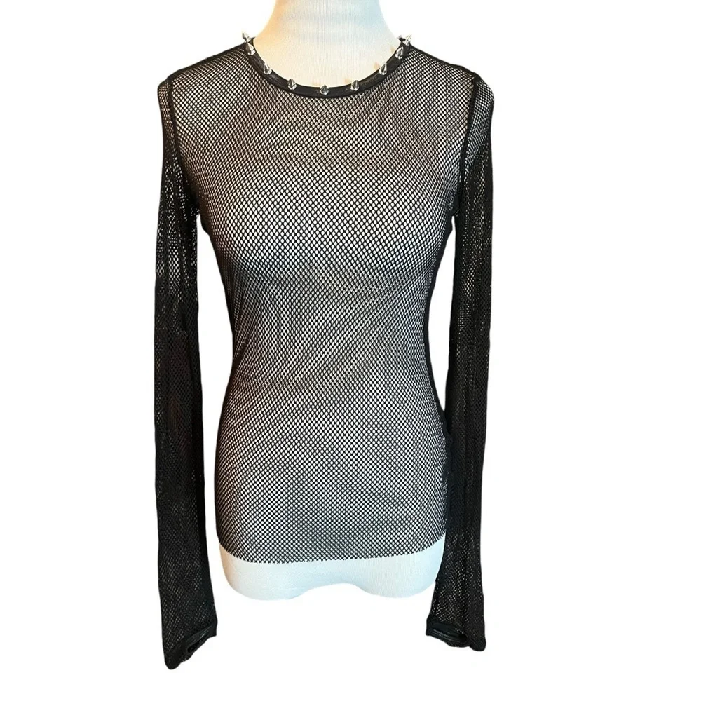 NWT CURRENT MOOD BLACK STUDDED MESH LONG SLEEVE TOP – SIZE M DOLLS KILL - Picture 2 of 13